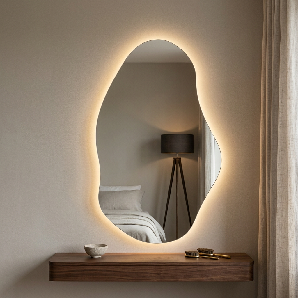 Miroir organique avec lumière chaude au-dessus d’une console suspendue, mise en scène générée par IA.
