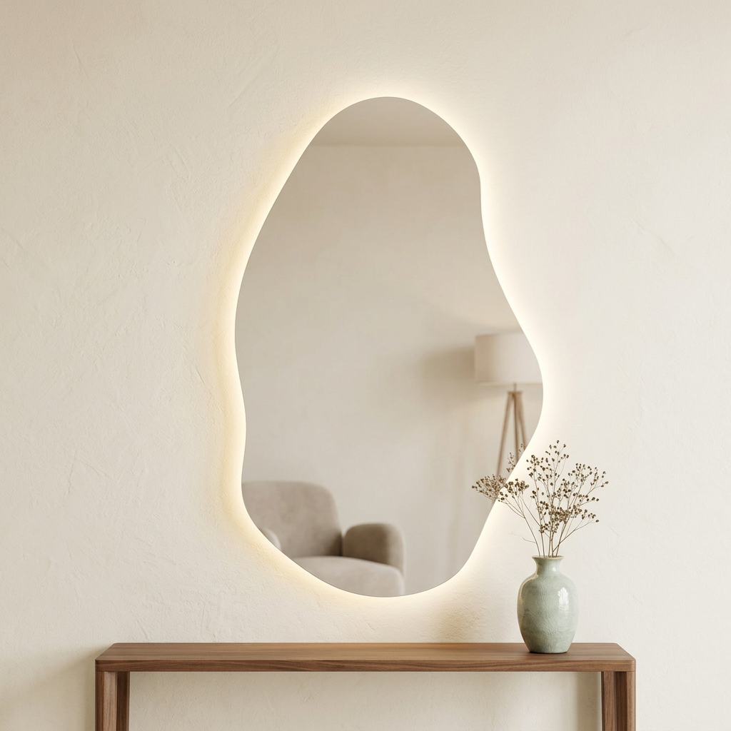 Miroir organique LED au-dessus d’une console en bois, mise en scène générée par IA.