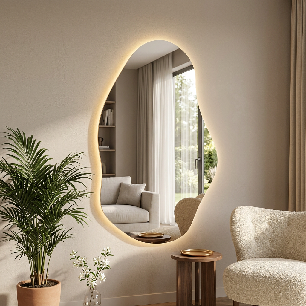 Miroir organique rétroéclairé dans un salon aux tons naturels, mise en scène générée par IA.