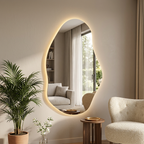 Miroir organique rétroéclairé dans un salon aux tons naturels, mise en scène générée par IA.
