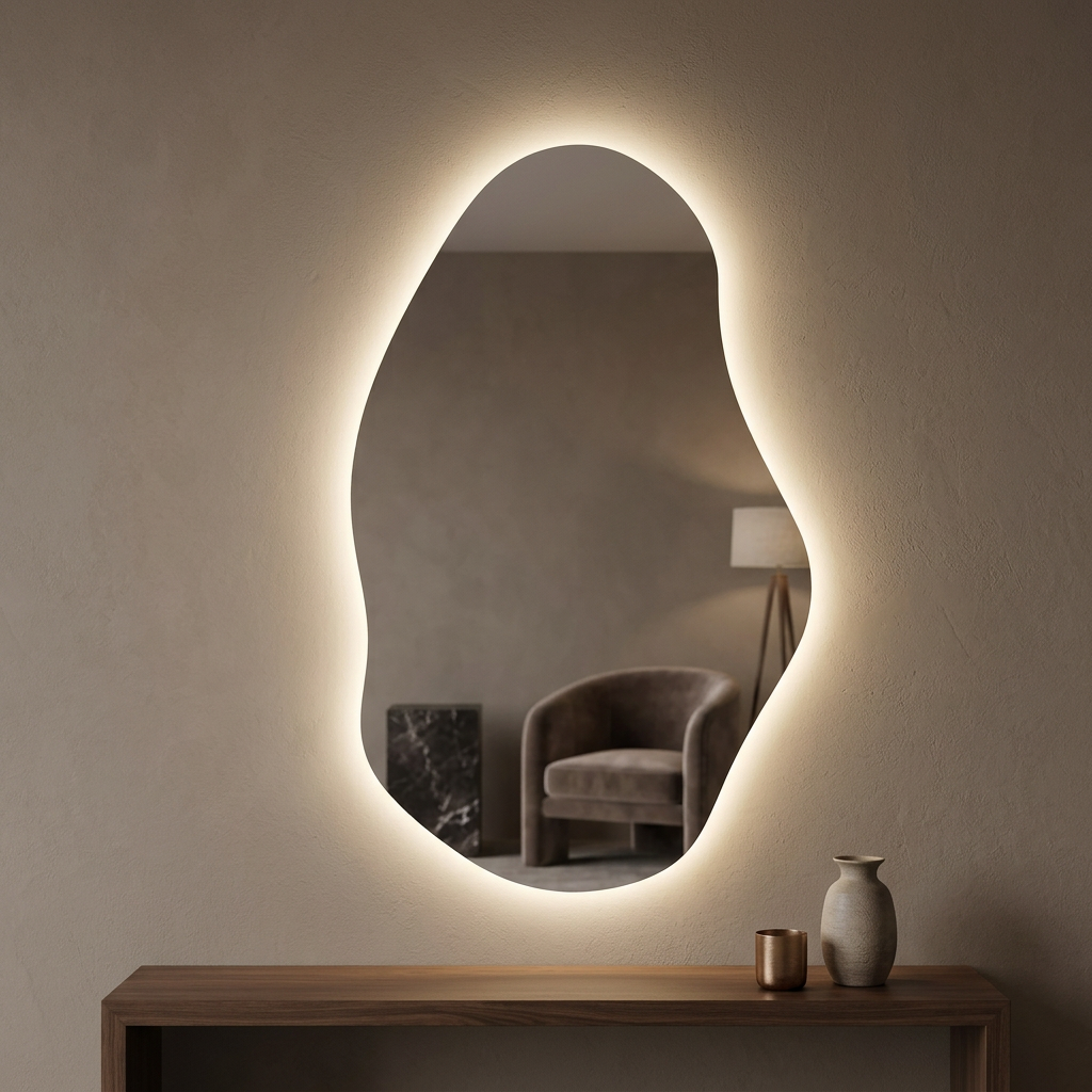 Miroir organique et halo LED chaud dans une ambiance du soir, mise en scène générée par IA.